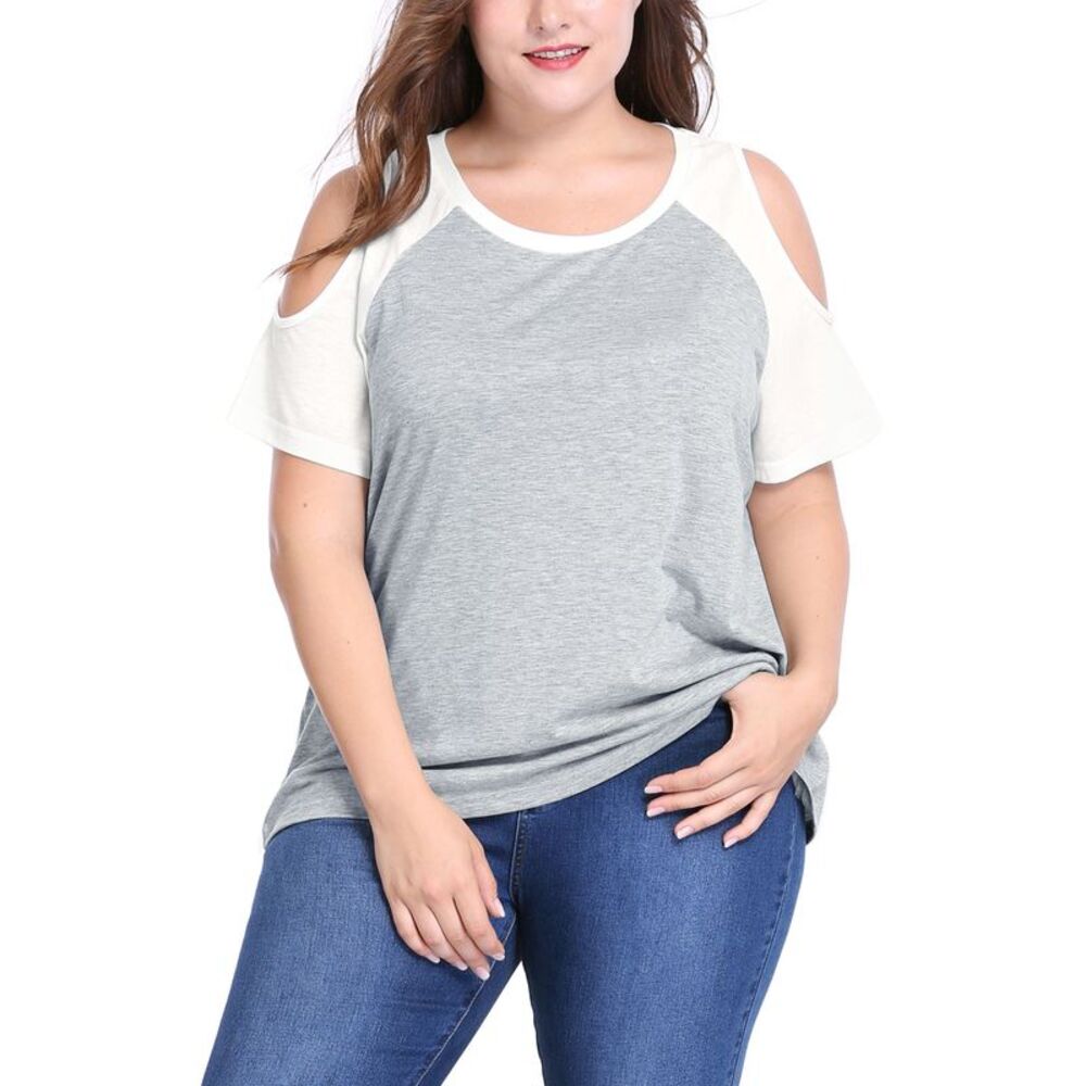 Women's Plus Size Cold Shoulder Tops Contrast Raglan Sleeves Summer Top Gray